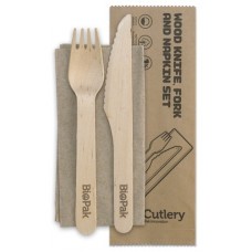 BioCutlery Wooden 16cm Knife Fork Napkin Pack CT 400