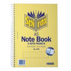 Spirax 570 A5 Note Book Side Bound 200pg 2 Note Pockets EA