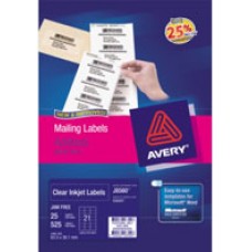 Avery Clear Inkjet Labels J8560 63.5 x 38.1 21 Labels PK 25